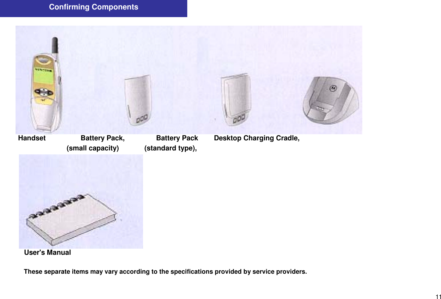 11           Handset                  Battery Pack,                Battery Pack        Desktop Charging Cradle,                                    (small capacity)             (standard type),              User&apos;s Manual These separate items may vary according to the specifications provided by service providers.Confirming Components