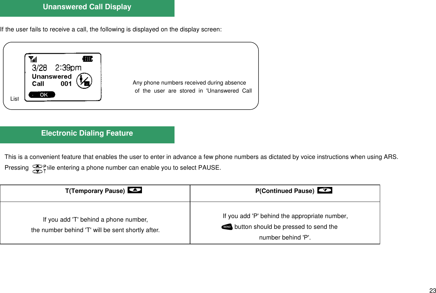 23If the user fails to receive a call, the following is displayed on the display screen:Unanswered Call Display Any phone numbers received during absenceof the user are stored in &apos;Unanswered CallList&apos;.Electronic Dialing FeatureThis is a convenient feature that enables the user to enter in advance a few phone numbers as dictated by voice instructions when using ARS.Pressing       while entering a phone number can enable you to select PAUSE.T(Temporary Pause)If you add &apos;T&apos; behind a phone number,the number behind &apos;T&apos; will be sent shortly after.P(Continued Pause)If you add &apos;P&apos; behind the appropriate number, button should be pressed to send thenumber behind &apos;P&apos;.