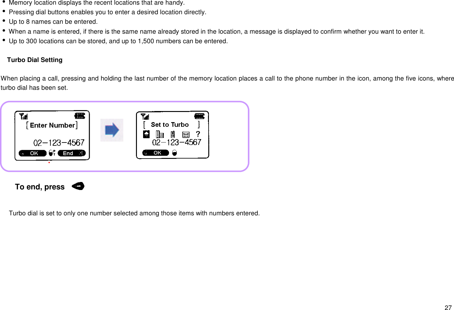 27i Memory location displays the recent locations that are handy.i Pressing dial buttons enables you to enter a desired location directly.i Up to 8 names can be entered.i When a name is entered, if there is the same name already stored in the location, a message is displayed to confirm whether you want to enter it.i Up to 300 locations can be stored, and up to 1,500 numbers can be entered.Turbo Dial SettingWhen placing a call, pressing and holding the last number of the memory location places a call to the phone number in the icon, among the five icons, whereturbo dial has been set. Turbo dial is set to only one number selected among those items with numbers entered.To end, press      .