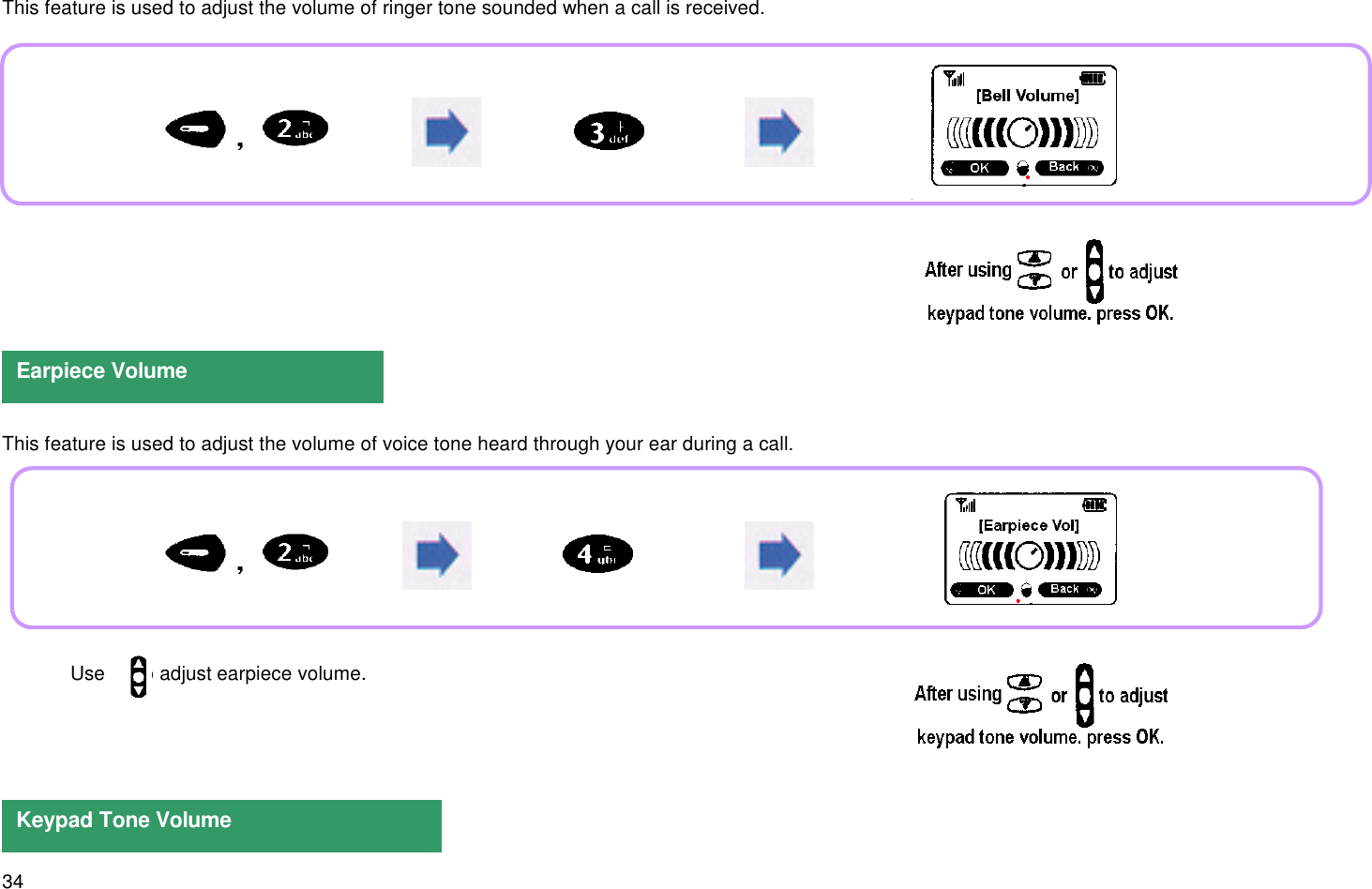 34This feature is used to adjust the volume of ringer tone sounded when a call is received.This feature is used to adjust the volume of voice tone heard through your ear during a call.Earpiece VolumeKeypad Tone Volume Use      to adjust earpiece volume.