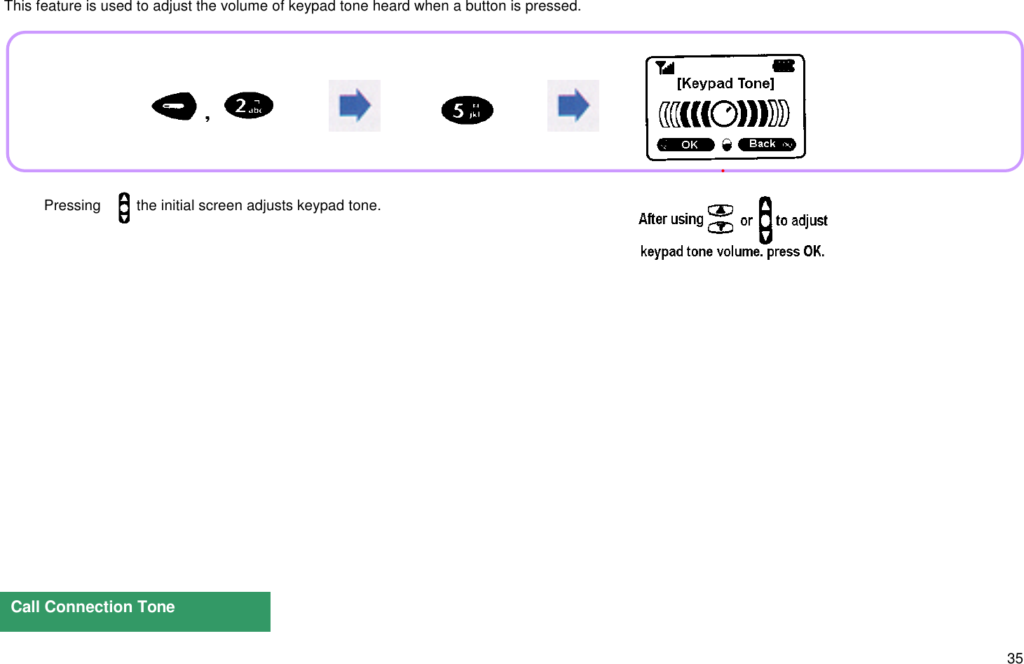 35 This feature is used to adjust the volume of keypad tone heard when a button is pressed.Call Connection Tone Pressing     in the initial screen adjusts keypad tone.