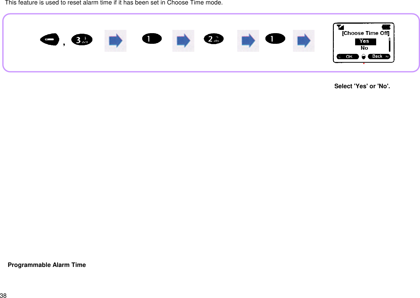 38   This feature is used to reset alarm time if it has been set in Choose Time mode. Programmable Alarm TimeSelect &apos;Yes&apos; or &apos;No&apos;.