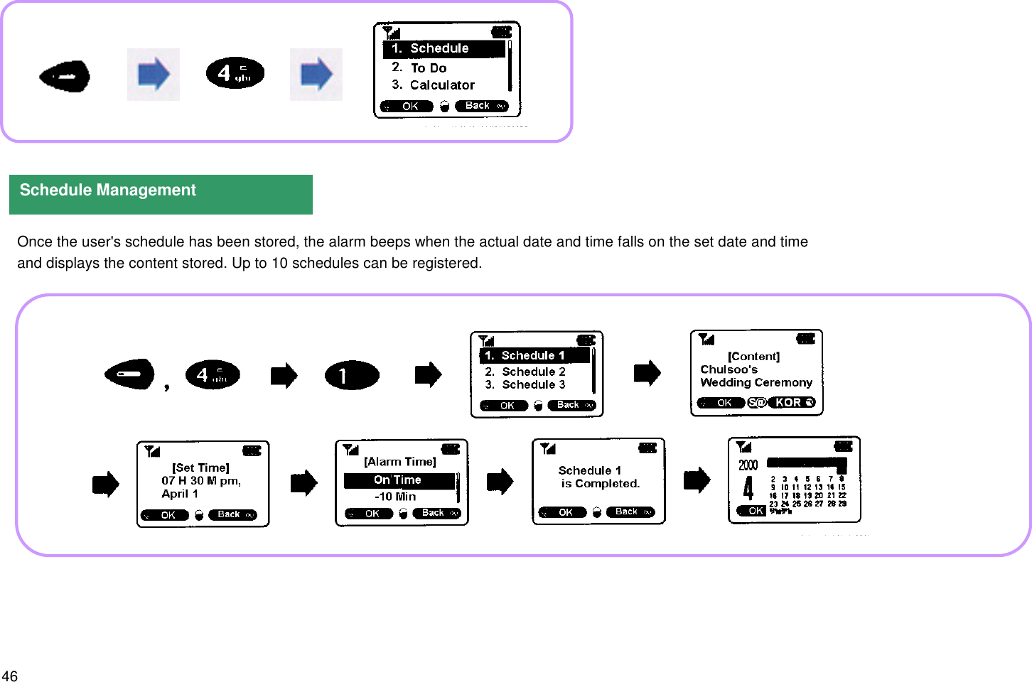 46Once the user&apos;s schedule has been stored, the alarm beeps when the actual date and time falls on the set date and timeand displays the content stored. Up to 10 schedules can be registered.Schedule Management