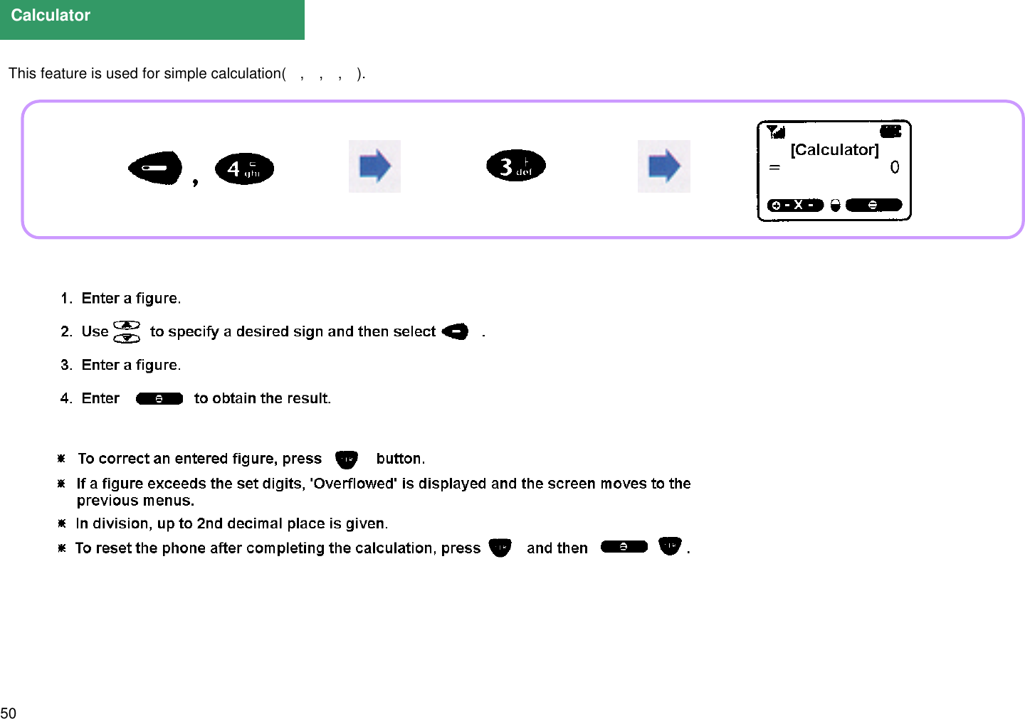 50  This feature is used for simple calculation( ,,,).Calculator