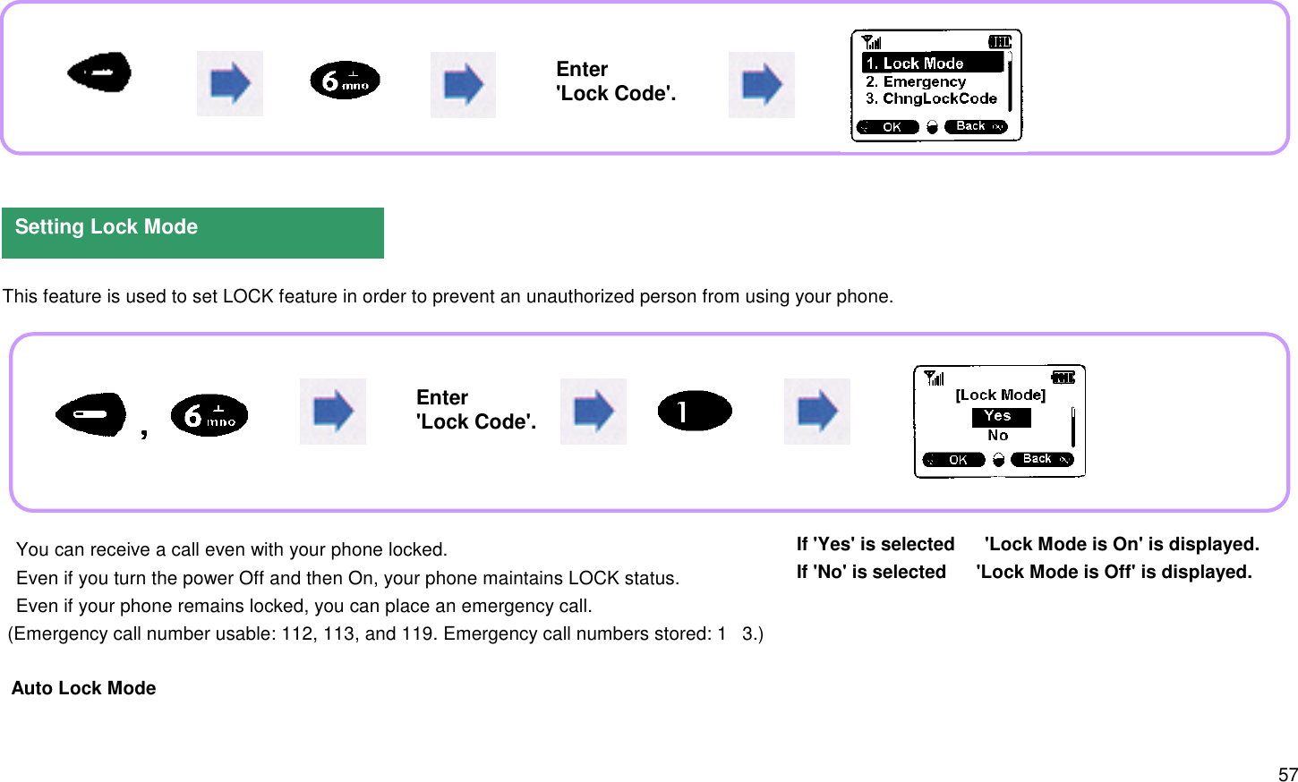 57  This feature is used to set LOCK feature in order to prevent an unauthorized person from using your phone. You can receive a call even with your phone locked. Even if you turn the power Off and then On, your phone maintains LOCK status. Even if your phone remains locked, you can place an emergency call.   (Emergency call number usable: 112, 113, and 119. Emergency call numbers stored: 1 3.)Auto Lock ModeSetting Lock ModeIf &apos;Yes&apos; is selected   &apos;Lock Mode is On&apos; is displayed.If &apos;No&apos; is selected   &apos;Lock Mode is Off&apos; is displayed.Enter&apos;Lock Code&apos;.Enter&apos;Lock Code&apos;.