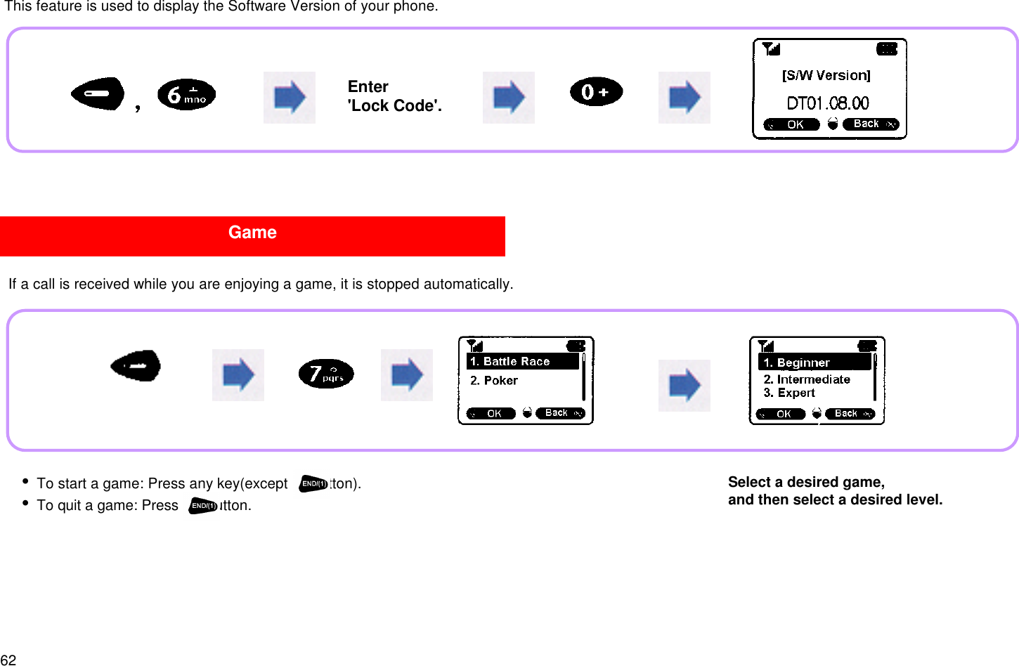 62 This feature is used to display the Software Version of your phone.  If a call is received while you are enjoying a game, it is stopped automatically.GameEnter&apos;Lock Code&apos;.i To start a game: Press any key(except      button).i To quit a game: Press       button.Select a desired game,and then select a desired level.