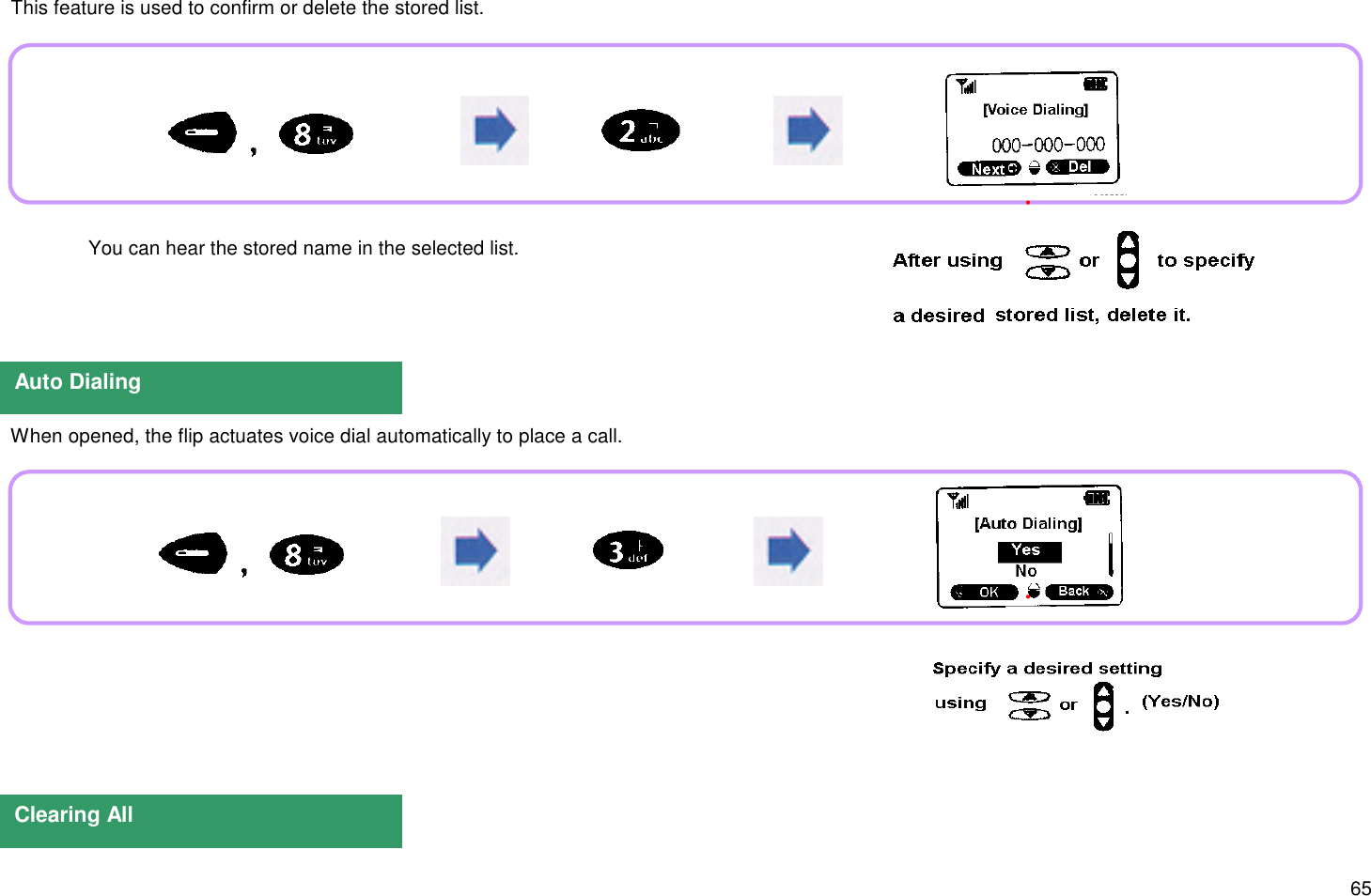 65  This feature is used to confirm or delete the stored list.  When opened, the flip actuates voice dial automatically to place a call.Auto DialingClearing All You can hear the stored name in the selected list.