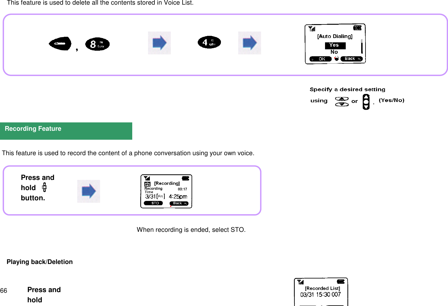 66This feature is used to delete all the contents stored in Voice List. This feature is used to record the content of a phone conversation using your own voice.Playing back/DeletionRecording FeaturePress andholdbutton.When recording is ended, select STO.Press andhold