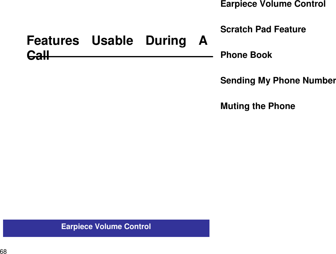 68Earpiece Volume ControlFeatures Usable During ACallEarpiece Volume ControlScratch Pad FeaturePhone BookSending My Phone NumberMuting the Phone