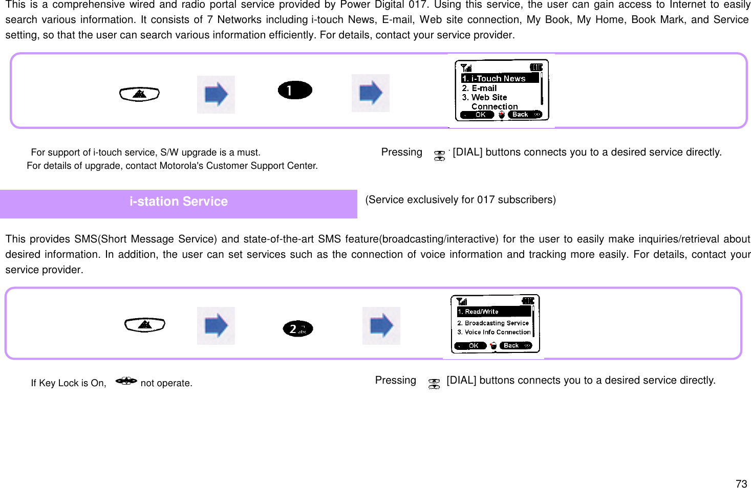 73This is a comprehensive wired and radio portal service provided by Power Digital 017. Using this service, the user can gain access to Internet to easilysearch various information. It consists of 7 Networks including i-touch News, E-mail, Web site connection, My Book, My Home, Book Mark, and Servicesetting, so that the user can search various information efficiently. For details, contact your service provider.This provides SMS(Short Message Service) and state-of-the-art SMS feature(broadcasting/interactive) for the user to easily make inquiries/retrieval aboutdesired information. In addition, the user can set services such as the connection of voice information and tracking more easily. For details, contact yourservice provider.Pressing      or [DIAL] buttons connects you to a desired service directly.i-station Service (Service exclusively for 017 subscribers) For support of i-touch service, S/W upgrade is a must.   For details of upgrade, contact Motorola&apos;s Customer Support Center. If Key Lock is On,       will not operate. Pressing      or [DIAL] buttons connects you to a desired service directly.