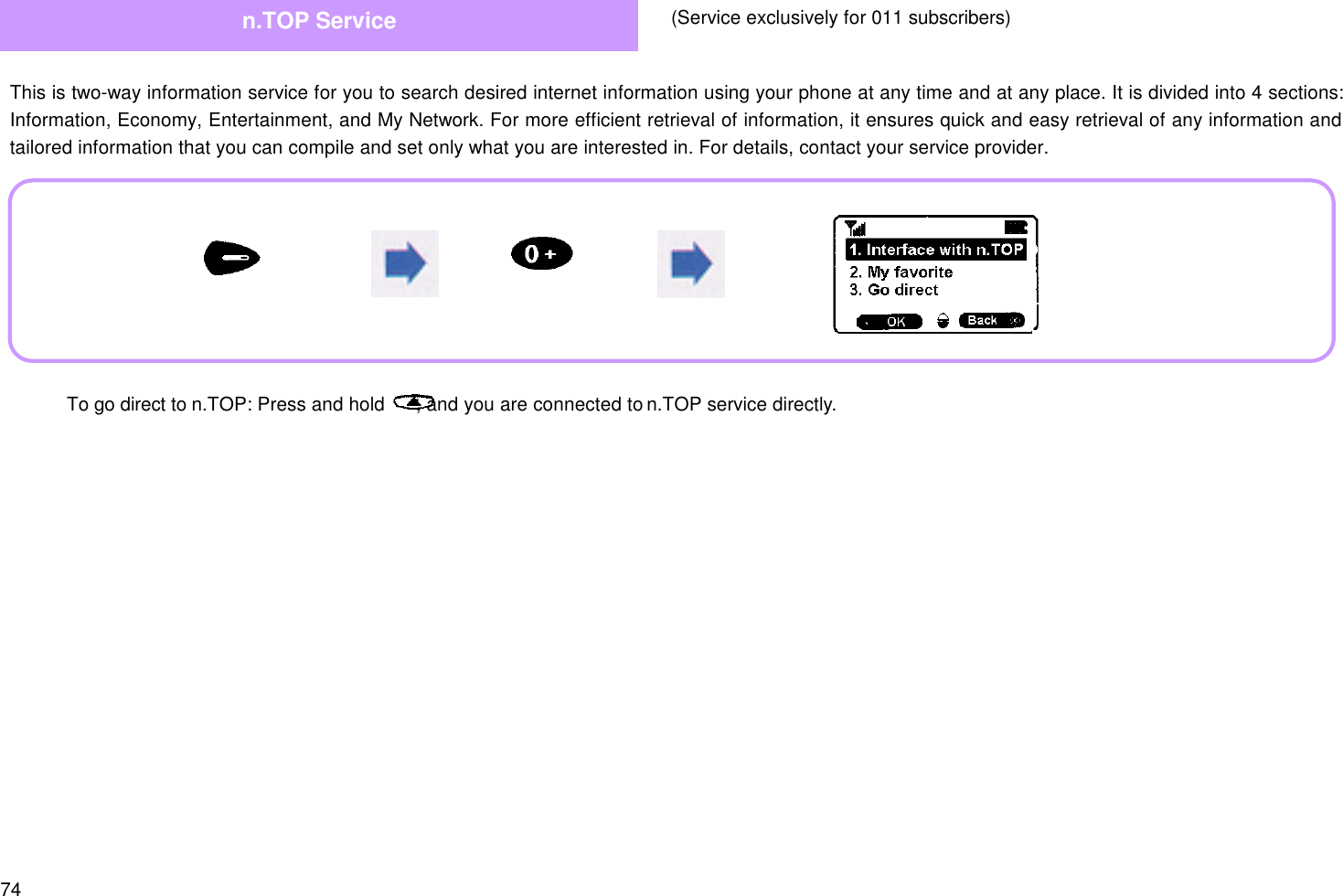 74This is two-way information service for you to search desired internet information using your phone at any time and at any place. It is divided into 4 sections:Information, Economy, Entertainment, and My Network. For more efficient retrieval of information, it ensures quick and easy retrieval of any information andtailored information that you can compile and set only what you are interested in. For details, contact your service provider.n.TOP Service (Service exclusively for 011 subscribers) To go direct to n.TOP: Press and hold      , and you are connected to n.TOP service directly.