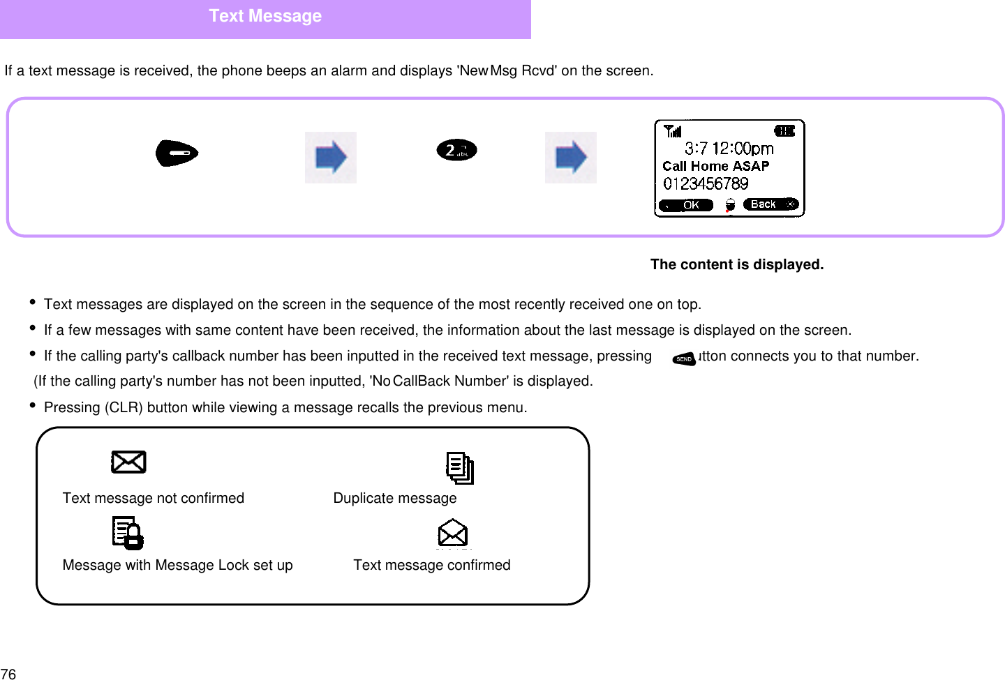 76 If a text message is received, the phone beeps an alarm and displays &apos;New Msg Rcvd&apos; on the screen.Text MessageThe content is displayed.  Text message not confirmed                      Duplicate message  Message with Message Lock set up               Text message confirmedi Text messages are displayed on the screen in the sequence of the most recently received one on top.i If a few messages with same content have been received, the information about the last message is displayed on the screen.i If the calling party&apos;s callback number has been inputted in the received text message, pressing         button connects you to that number.  (If the calling party&apos;s number has not been inputted, &apos;No CallBack Number&apos; is displayed.i Pressing (CLR) button while viewing a message recalls the previous menu.