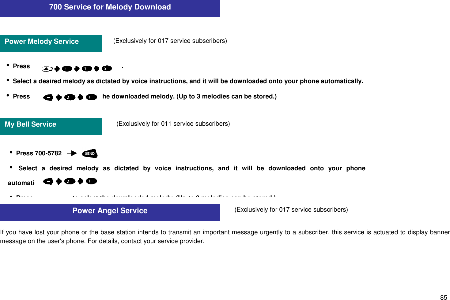 85\If you have lost your phone or the base station intends to transmit an important message urgently to a subscriber, this service is actuated to display bannermessage on the user&apos;s phone. For details, contact your service provider.700 Service for Melody DownloadPower Melody Service (Exclusively for 017 service subscribers)My Bell Service (Exclusively for 011 service subscribers)Power Angel Service (Exclusively for 017 service subscribers)i Press                             to get access.i Select a desired melody as dictated by voice instructions, and it will be downloaded onto your phone automatically.i Press                        to select the downloaded melody. (Up to 3 melodies can be stored.)i Press 700-5782     i Select a desired melody as dictated by voice instructions, and it will be downloaded onto your phoneautomatically.i Press                      to select the downloaded melody. (Up to 3 melodies can be stored.)