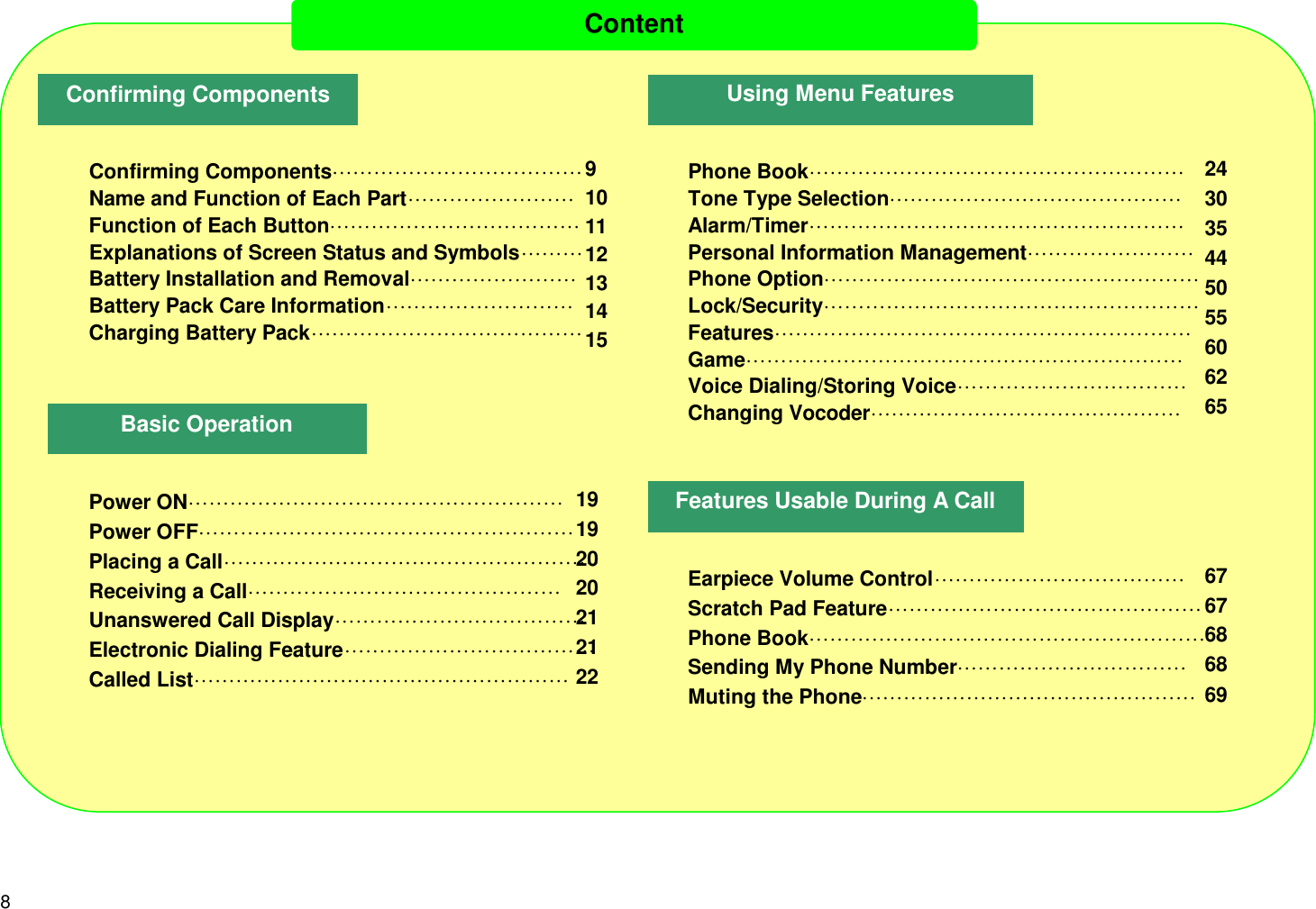 8ContentConfirming ComponentsUsing Menu FeaturesBasic OperationFeatures Usable During A CallConfirming ComponentsLLLLLLLLLLLLName and Function of Each PartLLLLLLLLFunction of Each ButtonLLLLLLLLLLLLExplanations of Screen Status and SymbolsLLLBattery Installation and RemovalLLLLLLLLBattery Pack Care InformationLLLLLLLLLCharging Battery PackLLLLLLLLLLLLLPhone BookLLLLLLLLLLLLLLLLLLTone Type SelectionLLLLLLLLLLLLLLAlarm/TimerLLLLLLLLLLLLLLLLLLPersonal Information ManagementLLLLLLLLPhone OptionLLLLLLLLLLLLLLLLLLLock/SecurityLLLLLLLLLLLLLLLLLLFeaturesLLLLLLLLLLLLLLLLLLLLGameLLLLLLLLLLLLLLLLLLLLLVoice Dialing/Storing VoiceLLLLLLLLLLLChanging VocoderLLLLLLLLLLLLLLLPower ONLLLLLLLLLLLLLLLLLLPower OFFLLLLLLLLLLLLLLLLLLPlacing a CallLLLLLLLLLLLLLLLLLLReceiving a CallLLLLLLLLLLLLLLLUnanswered Call DisplayLLLLLLLLLLLLElectronic Dialing FeatureLLLLLLLLLLLLCalled ListLLLLLLLLLLLLLLLLLLEarpiece Volume ControlLLLLLLLLLLLLScratch Pad FeatureLLLLLLLLLLLLLLLPhone BookLLLLLLLLLLLLLLLLLLLSending My Phone NumberLLLLLLLLLLLMuting the PhoneLLLLLLLLLLLLLLLL9101112131415243035445055606265191920202121226767686869