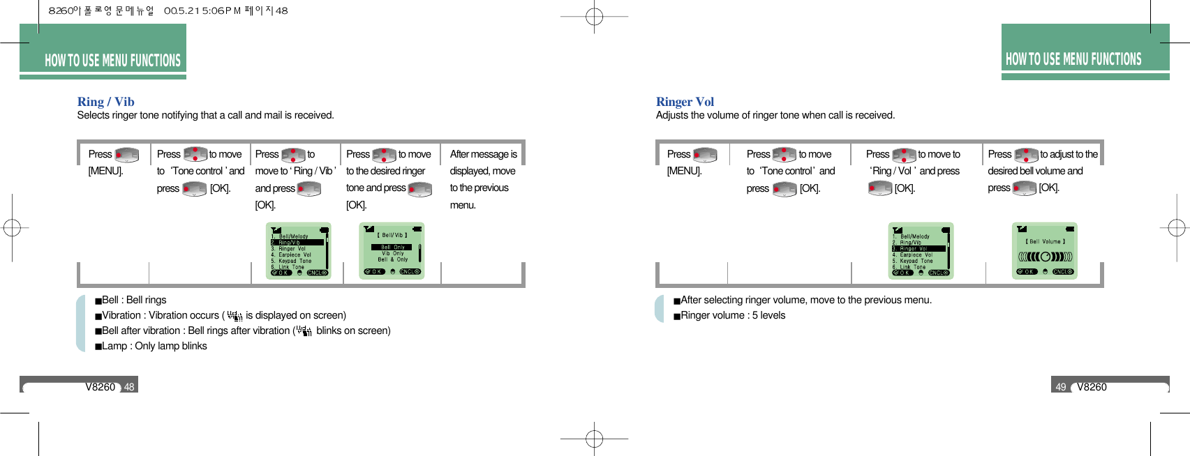 HOW TO USE MENU FUNCTIONSV826049HOW TO USE MENU FUNCTIONSV826048Ring / VibSelects ringer tone notifying that a call and mail is received.Press [MENU].Press             to moveto the desired ringertone and press [OK].After message isdisplayed, moveto the previousmenu.Press             to moveto  Tone control andpress              [OK].Press             tomove to ‘ Ring / Vib ’and press  [OK].Bell : Bell rings Vibration : Vibration occurs (        is displayed on screen)Bell after vibration : Bell rings after vibration (        blinks on screen)Lamp : Only lamp blinksRinger VolAdjusts the volume of ringer tone when call is received.Press [MENU].Press             to adjust to thedesired bell volume andpress             [OK].Press             to moveto  Tone control andpress              [OK].Press             to move toRing / Vol  and press[OK].After selecting ringer volume, move to the previous menu. Ringer volume : 5 levels