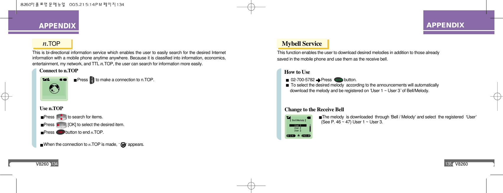 V8260135APPENDIXAPPENDIXV8260134n.TOPThis is bi-directional information service which enables the user to easily search for the desired Internetinformation with a mobile phone anytime anywhere. Because it is classified into information, economics,entertainment, my network, and TTL n.TOP, the user can search for information more easily.Connect to n.TOPPress       to make a connection to n.TOP.Press            to search for items.Press            [OK] to select the desired item.Press          button to end n.TOP.When the connection to n.TOP is made, appears.Use n.TOPMybell ServiceThis function enables the user to download desired melodies in addition to those already saved in the mobile phone and use them as the receive bell.How to Use02-700-5782  Press           button.To select the desired melody  according to the announcements will automatically download the melody and be registered on User 1 ~ User 3 of Bell/Melody.The melody  is downloaded  through Bell / Melody and select  the registered  User(See P. 46 ~ 47) User 1 ~ User 3.Change to the Receive Bell