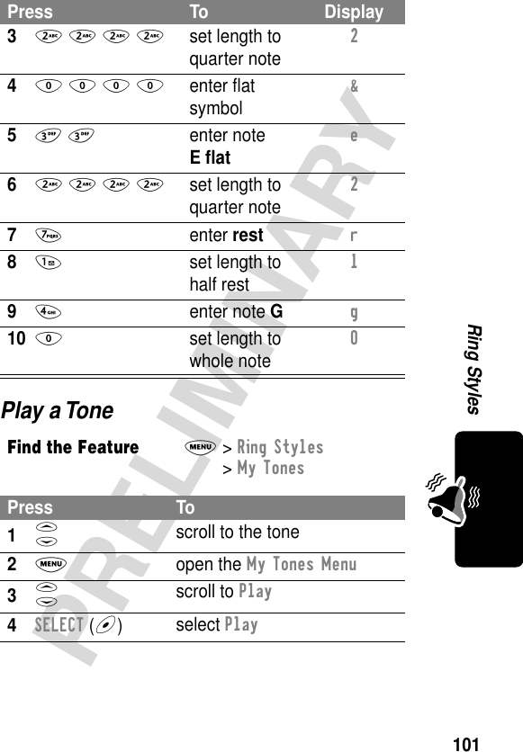 101PRELIMINARYRing StylesPlay a Tone32 2 2 2set length to quarter note2 40 0 0 0enter ﬂat symbol&amp; 53 3enter note E ﬂate 62 2 2 2set length to quarter note2 77 enter restr 81  set length to half rest1 94 enter note Gg 100  set length to whole note0 Find the FeatureM&gt; Ring Styles &gt; My TonesPress To1S scroll to the tone2M open the My Tones Menu3S scroll to Play4SELECT (+)  select PlayPress To Display