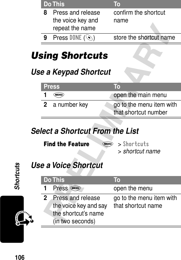 106PRELIMINARYShortcutsUsing ShortcutsUse a Keypad ShortcutSelect a Shortcut From the ListUse a Voice Shortcut8Press and release the voice key and repeat the nameconﬁrm the shortcut name9Press DONE (-)store the shortcut namePress To1M  open the main menu2a number key go to the menu item with that shortcut numberFind the FeatureM&gt; Shortcuts &gt; shortcut nameDo This To1Press Mopen the menu2Press and release the voice key and say the shortcut’s name (in two seconds)go to the menu item with that shortcut nameDo This To