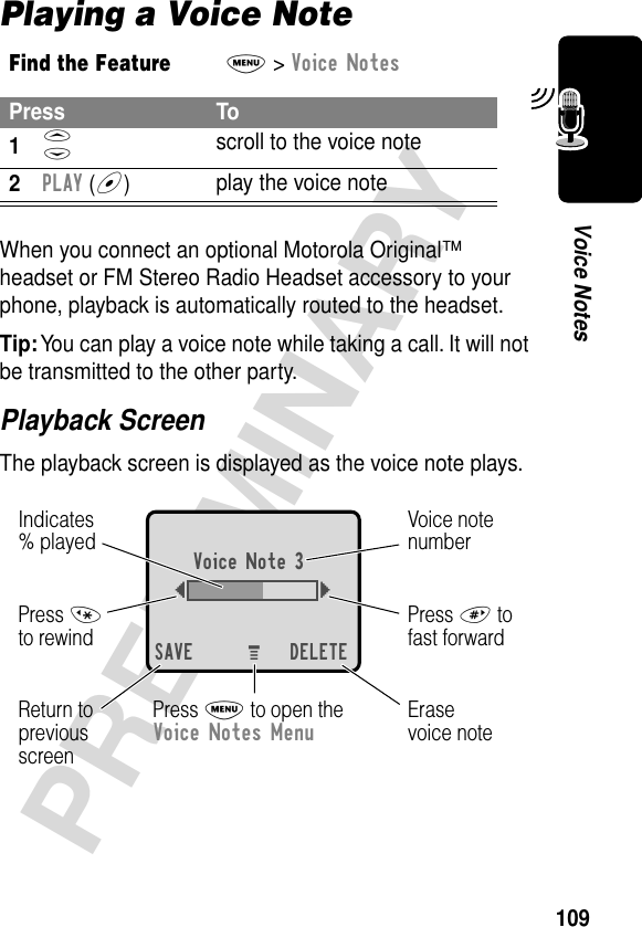 109PRELIMINARYVoice NotesPlaying a Voice NoteWhen you connect an optional Motorola Original™ headset or FM Stereo Radio Headset accessory to your phone, playback is automatically routed to the headset.Tip: You can play a voice note while taking a call. It will not be transmitted to the other party.Playback ScreenThe playback screen is displayed as the voice note plays.Find the FeatureM&gt; Voice NotesPress To1S scroll to the voice note2PLAY (+)play the voice noteErasevoice noteReturn toprevious screenVoice notenumberPress # tofast forwardPress *to rewindVoice Note 3{}SAVE DELETEIndicates% playedPress M to open theVoice Notes MenuM 