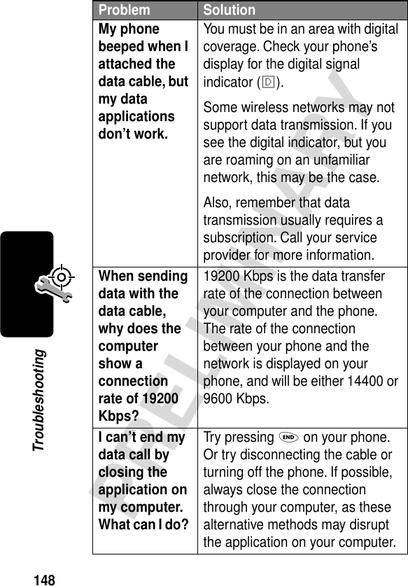 148PRELIMINARYTroubleshootingMy phone beeped when I attached the data cable, but my data applications don’t work. You must be in an area with digital coverage. Check your phone’s display for the digital signal indicator (F).Some wireless networks may not support data transmission. If you see the digital indicator, but you are roaming on an unfamiliar network, this may be the case.Also, remember that data transmission usually requires a subscription. Call your service provider for more information.When sending data with the data cable, why does the computer show a connection rate of 19200 Kbps? 19200 Kbps is the data transfer rate of the connection between your computer and the phone. The rate of the connection between your phone and the network is displayed on your phone, and will be either 14400 or 9600 Kbps.I can’t end my data call by closing the application on my computer. What can I do? Try pressing O on your phone. Or try disconnecting the cable or turning off the phone. If possible, always close the connection through your computer, as these alternative methods may disrupt the application on your computer.Problem Solution