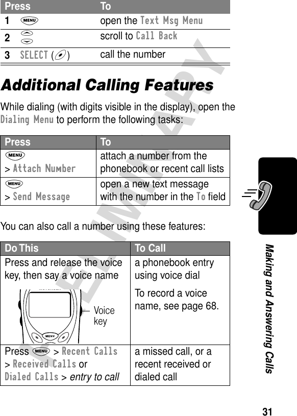 31PRELIMINARYMaking and Answering CallsAdditional Calling FeaturesWhile dialing (with digits visible in the display), open the Dialing Menu to perform the following tasks:You can also call a number using these features:Press To1M open the Text Msg Menu2S scroll to Call Back3SELECT (+)call the numberPress ToM &gt; Attach Numberattach a number from the phonebook or recent call listsM &gt; Send Messageopen a new text message with the number in the To ﬁeldDo This To CallPress and release the voice key, then say a voice name a phonebook entry using voice dialTo record a voice name, see page 68.Press M &gt; Recent Calls &gt; Received Calls or Dialed Calls &gt; entry to calla missed call, or a recent received or dialed callVoice key