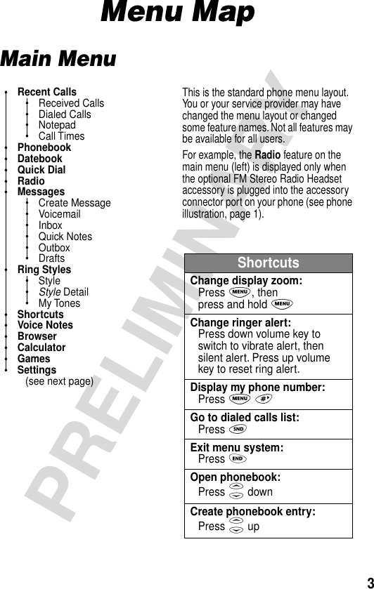  3 PRELIMINARY Menu Map Main Menu• Recent Calls• Received Calls• Dialed Calls• Notepad• Call Times• Phonebook• Datebook• Quick Dial• Radio• Messages• Create Message• Voicemail• Inbox• Quick Notes• Outbox• Drafts• Ring Styles• Style•Style Detail• My Tones• Shortcuts• Voice Notes• Browser• Calculator• Games• Settings(see next page)This is the standard phone menu layout. You or your service provider may have changed the menu layout or changed some feature names. Not all features may be available for all users.For example, the Radio feature on the main menu (left) is displayed only when the optional FM Stereo Radio Headset accessory is plugged into the accessory connector port on your phone (see phone illustration, page 1).ShortcutsChange display zoom:Press M, thenpress and hold MChange ringer alert:Press down volume key to switch to vibrate alert, then silent alert. Press up volume key to reset ring alert.Display my phone number:Press M #Go to dialed calls list:Press NExit menu system:Press OOpen phonebook:Press S downCreate phonebook entry:Press S up