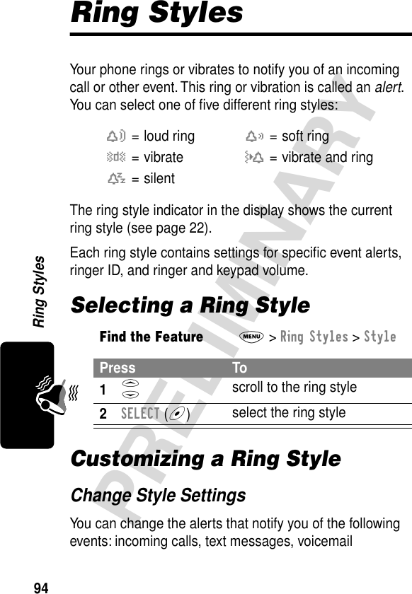 94PRELIMINARYRing StylesRing StylesYour phone rings or vibrates to notify you of an incoming call or other event. This ring or vibration is called an alert. You can select one of ﬁve different ring styles:The ring style indicator in the display shows the current ring style (see page 22).Each ring style contains settings for speciﬁc event alerts, ringer ID, and ringer and keypad volume.Selecting a Ring StyleCustomizing a Ring StyleChange Style SettingsYou can change the alerts that notify you of the following events: incoming calls, text messages, voicemail w= loud ringx= soft ringy= vibrateu= vibrate and ringt= silentFind the FeatureM&gt; Ring Styles &gt; StylePress To1S scroll to the ring style2SELECT (+)select the ring style