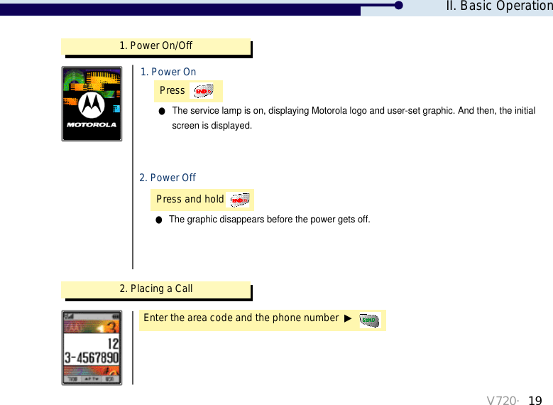 II. Basic Operation1. Power On/Off●The service lamp is on, displaying Motorola logo and user-set graphic. And then, the initial screen is displayed. Press Press and hold●The graphic disappears before the power gets off.2. Placing a CallEnter the area code and the phone number  ▶1. Power On2. Power OffV720・19