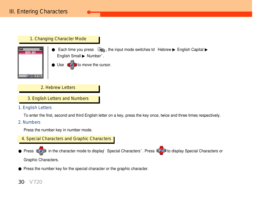 30・V720III. Entering Characters1. Changing Character Mode●Each time you press  , the input mode switches to ‘Hebrew ▶English Capital ▶English Small ▶Number’.●Use  to move the cursor.3. English Letters and Numbers2. Hebrew LettersTo enter the first, second and third English letter on a key, press the key once, twice and three times respectively.1. English LettersPress the number key in number mode. 2. Numbers4. Special Characters and Graphic Characters●Press  in the character mode to display ‘Special Characters’. Press to display Special Characters orGraphic Characters.●Press the number key for the special character or the graphic character.