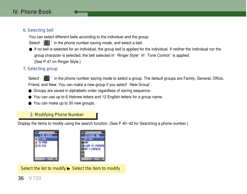 36・V720IV. Phone Book7. Selecting groupSelect ‘ ’in the phone number saving mode to select a group. The default groups are Family, General, Office,Friend, and New. You can make a new group if you select ‘New Group’. ●Groups are saved in alphabetic order regardless of saving sequence.●You can use up to 6 Hebrew letters and 12 English letters for a group name.●You can make up to 30 new groups.2. Modifying Phone NumberSelect the list to modify ▶Select the item to modifyDisplay the items to modify using the search function. (See P.40~42 for Searching a phone number.)You can select different bells according to the individual and the group.Select ‘ ’in the phone number saving mode, and select a bell.●If no bell is selected for an individual, the group bell is applied for the individual. If neither the individual nor the group character is selected, the bell selected in ‘Ringer Style’In ‘Tone Control’is applied. (See P.47 on Ringer Style.)6. Selecting bell