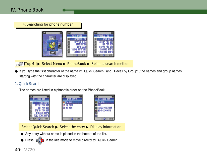 40・V720IV. Phone BookSelect Quick Search ▶Select the entry ▶Display information1. Quick SearchThe names are listed in alphabetic order on the PhoneBook.4. Searching for phone number[TopM.] ▶Select Menu ▶PhoneBook ▶Select a search method●If you type the first character of the name in ‘Quick Search’and ‘Recall by Group’, the names and group namesstarting with the character are displayed. ●Any entry without name is placed in the bottom of the list. ●Press  in the idle mode to move directly to ‘Quick Search’.