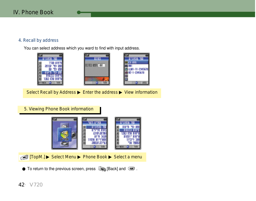 42・V720IV. Phone BookSelect Recall by Address ▶Enter the address ▶View information4. Recall by addressYou can select address which you ward to find with input address.5. Viewing Phone Book information[TopM.] ▶Select Menu ▶Phone Book ▶Select a menu●To return to the previous screen, press  [Back] and  .
