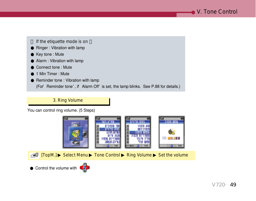 V720・49V. Tone Control󰢢If the etiquette mode is on 󰢢●Ringer : Vibration with lamp●Key tone : Mute●Alarm : Vibration with lamp●Connect tone : Mute●1 Min Timer : Mute●Reminder tone : Vibration with lamp(For ‘Reminder tone’, if ‘Alarm Off’is set, the lamp blinks.  See P.88 for details.)3. Ring Volume[TopM.] ▶Select Menu ▶Tone Control ▶Ring Volume ▶Set the volumeYou can control ring volume. (5 Steps)●Control the volume with 