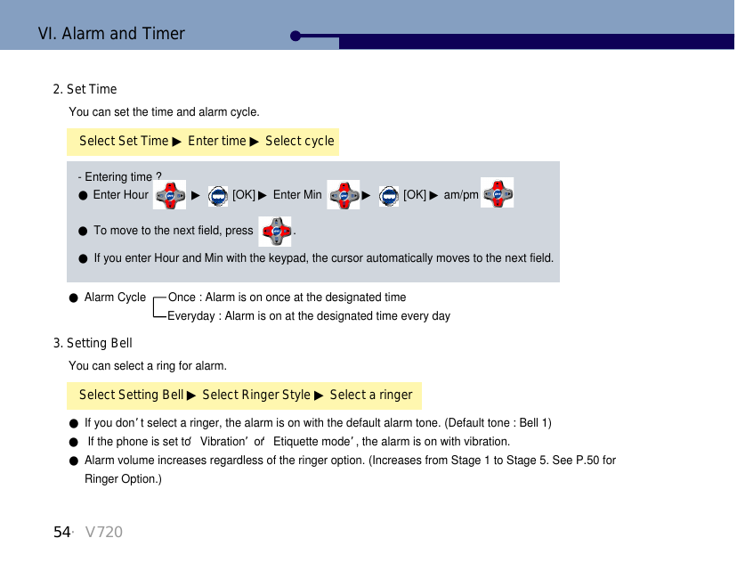 54・V720VI. Alarm and Timer●Alarm Cycle       Once : Alarm is on once at the designated timeEveryday : Alarm is on at the designated time every daySelect Set Time ▶Enter time ▶Select cycle2. Set TimeYou can set the time and alarm cycle.Select Setting Bell ▶Select Ringer Style ▶Select a ringer3. Setting BellYou can select a ring for alarm.- Entering time ?●Enter Hour  ▶[OK] ▶Enter Min  ▶[OK] ▶am/pm●To move to the next field, press  . ●If you enter Hour and Min with the keypad, the cursor automatically moves to the next field.●If you don’t select a ringer, the alarm is on with the default alarm tone. (Default tone : Bell 1)●If the phone is set to ‘Vibration’or ‘Etiquette mode’, the alarm is on with vibration.●Alarm volume increases regardless of the ringer option. (Increases from Stage 1 to Stage 5. See P.50 forRinger Option.)
