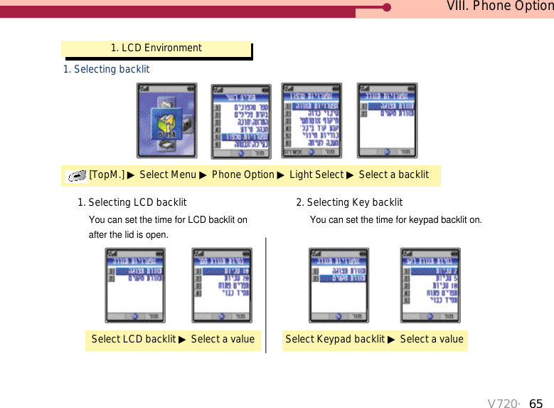 VIII. Phone Option1. LCD Environment1. Selecting backlitYou can set the time for LCD backlit onafter the lid is open.You can set the time for keypad backlit on. 1. Selecting LCD backlitSelect LCD backlit ▶Select a value2. Selecting Key backlitSelect Keypad backlit ▶Select a value[TopM.] ▶Select Menu ▶Phone Option ▶Light Select ▶Select a backlitV720・65