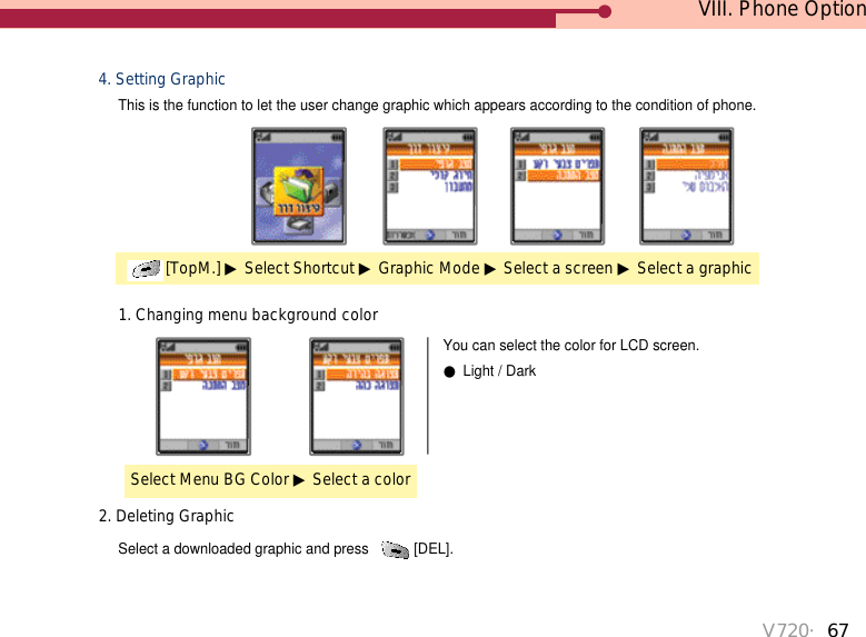 V720・67VIII. Phone Option[TopM.] ▶Select Shortcut ▶Graphic Mode ▶Select a screen ▶Select a graphic4. Setting GraphicThis is the function to let the user change graphic which appears according to the condition of phone.1. Changing menu background colorYou can select the color for LCD screen.●Light / DarkSelect Menu BG Color ▶Select a color2. Deleting Graphic Select a downloaded graphic and press  [DEL].