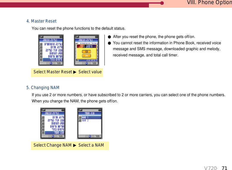 V720・71VIII. Phone Option4. Master ResetYou can reset the phone functions to the default status.Select Master Reset ▶Select value●After you reset the phone, the phone gets off/on. ●You cannot reset the information in Phone Book, received voice message and SMS message, downloaded graphic and melody, received message, and total call timer. 5. Changing NAMIf you use 2 or more numbers, or have subscribed to 2 or more carriers, you can select one of the phone numbers. When you change the NAM, the phone gets off/on.Select Change NAM ▶Select a NAM