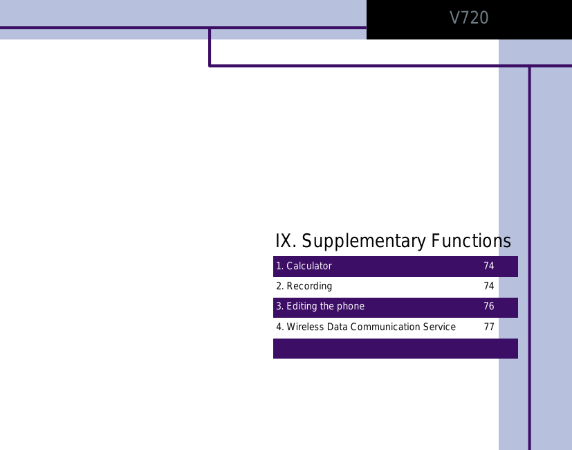 1. Calculator 742. Recording 744. Wireless Data Communication Service 773. Editing the phone 76IX. Supplementary FunctionsV720