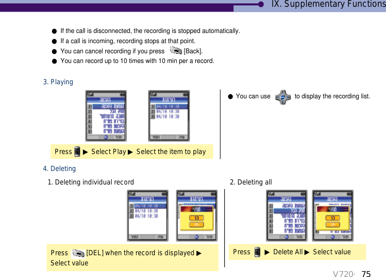 V720・75IX. Supplementary Functions●If the call is disconnected, the recording is stopped automatically. ●If a call is incoming, recording stops at that point.●You can cancel recording if you press  [Back].●You can record up to 10 times with 10 min per a record.Press ▶Select Play ▶Select the item to play3. Playing●You can use  to display the recording list. Press  [DEL] when the record is displayed ▶Select value4. Deleting1. Deleting individual recordPress  ▶Delete All ▶Select value2. Deleting all