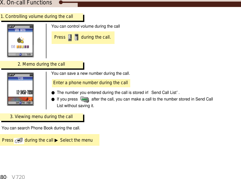 1. Controlling volume during the callPress  during the call.You can control volume during the call●The number you entered during the call is stored in ‘Send Call List’.●If you press  after the call, you can make a call to the number stored in Send Call List without saving it.2. Memo during the callEnter a phone number during the callYou can save a new number during the call.3. Viewing menu during the call Press during the call ▶Select the menuYou can search Phone Book during the call.X. On-call Functions80・V720