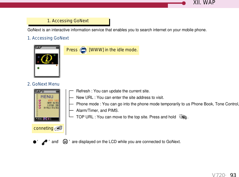 V720・93XII. WAP1. Accessing GoNext1. Accessing GoNextGoNext is an interactive information service that enables you to search internet on your mobile phone.Press  [WWW] in the idle mode.2. GoNext MenuconnetingRefresh : You can update the current site. New URL : You can enter the site address to visit. Phone mode : You can go into the phone mode temporarily to us Phone Book, Tone Control,Alarm/Timer, and PIMS. TOP URL : You can move to the top site. Press and hold  .●‘ ’and ‘ ’are displayed on the LCD while you are connected to GoNext.