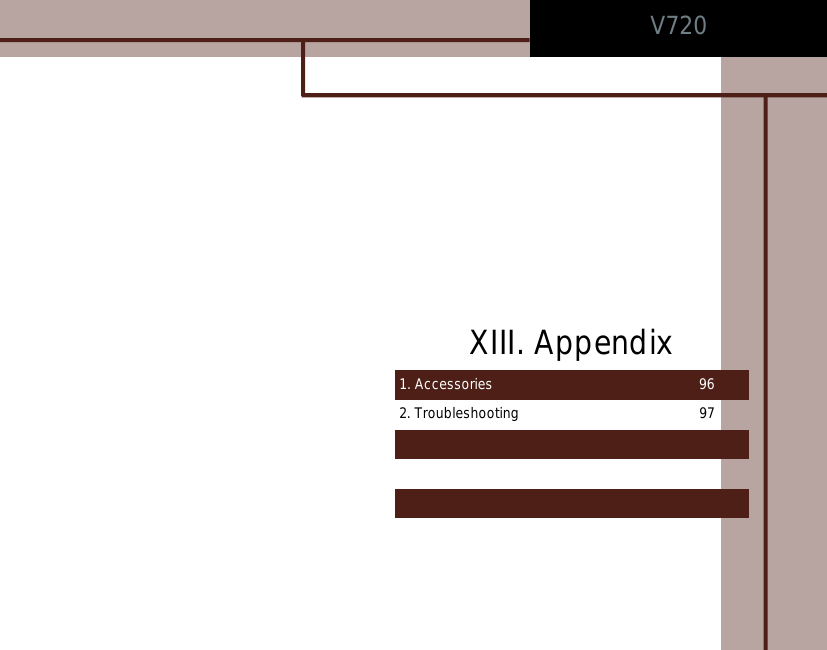 1. Accessories  962. Troubleshooting 97XIII. AppendixV720