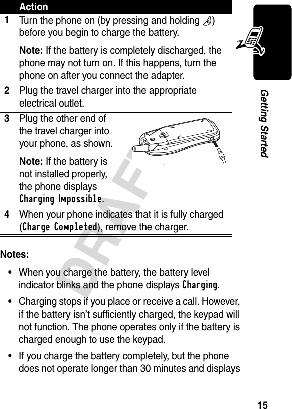 15DRAFTGetting StartedNotes: •When you charge the battery, the battery level indicator blinks and the phone displays Charging.•Charging stops if you place or receive a call. However, if the battery isn’t sufficiently charged, the keypad will not function. The phone operates only if the battery is charged enough to use the keypad.•If you charge the battery completely, but the phone does not operate longer than 30 minutes and displays Action1Turn the phone on (by pressing and holding O) before you begin to charge the battery.Note: If the battery is completely discharged, the phone may not turn on. If this happens, turn the phone on after you connect the adapter.2Plug the travel charger into the appropriate electrical outlet.3Plug the other end of the travel charger into your phone, as shown.Note: If the battery is not installed properly, the phone displays Charging Impossible.4When your phone indicates that it is fully charged (Charge Completed), remove the charger.