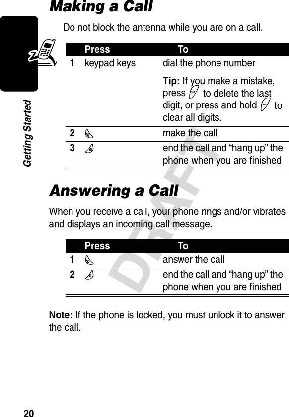 20DRAFTGetting StartedMaking a CallDo not block the antenna while you are on a call.Answering a CallWhen you receive a call, your phone rings and/or vibrates and displays an incoming call message.Note: If the phone is locked, you must unlock it to answer the call.Press To1keypad keys dial the phone numberTip: If you make a mistake, press + to delete the last digit, or press and hold + to clear all digits.2N make the call3O  end the call and “hang up” the phone when you are finishedPress To1Nanswer the call2O  end the call and “hang up” the phone when you are finished