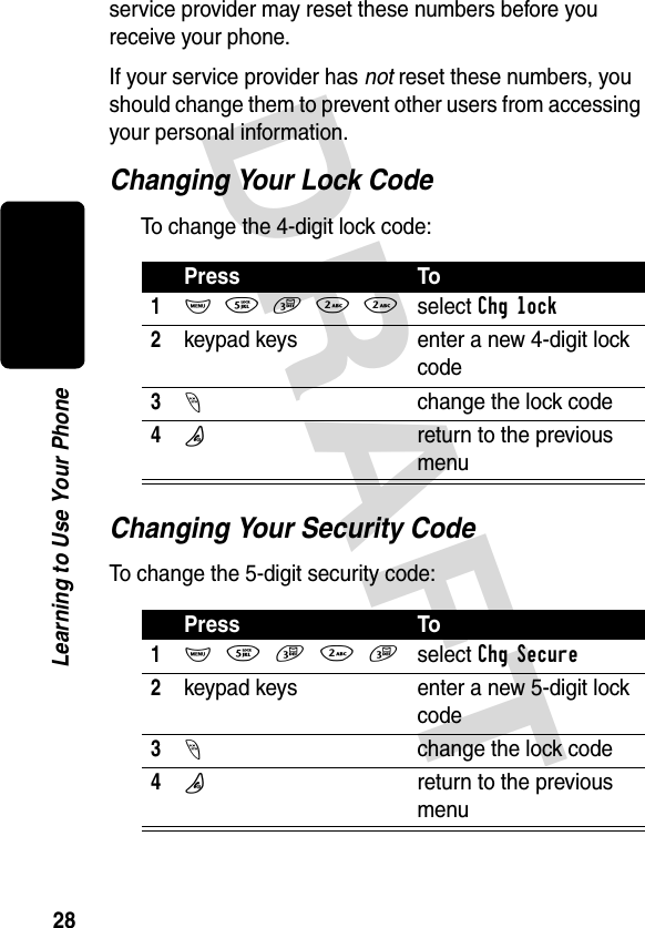 DRAFT 28Learning to Use Your Phoneservice provider may reset these numbers before you receive your phone.If your service provider has not reset these numbers, you should change them to prevent other users from accessing your personal information.Changing Your Lock CodeTo change the 4-digit lock code:Changing Your Security CodeTo change the 5-digit security code:Press To1M5322select Chg lock2keypad keys enter a new 4-digit lock code3-change the lock code4Oreturn to the previous menuPress To1M5323select Chg Secure2keypad keys enter a new 5-digit lock code3-change the lock code4Oreturn to the previous menu