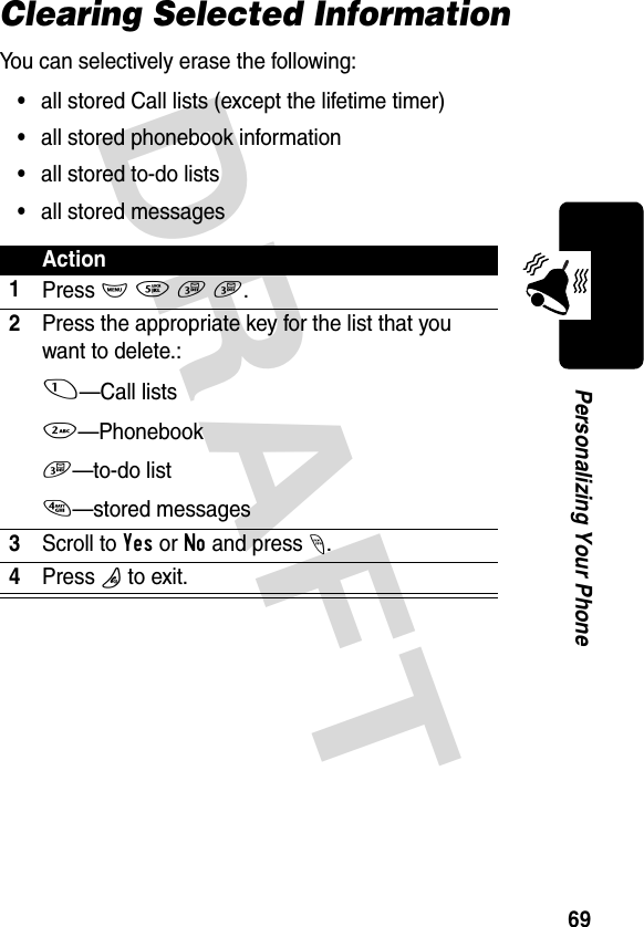 DRAFT 69Personalizing Your PhoneClearing Selected InformationYou can selectively erase the following:•all stored Call lists (except the lifetime timer)•all stored phonebook information•all stored to-do lists•all stored messagesAction1Press M 5 3 3.2Press the appropriate key for the list that you want to delete.:1—Call lists2—Phonebook3—to-do list4—stored messages3Scroll to Yes or No and press -.4Press O to exit.