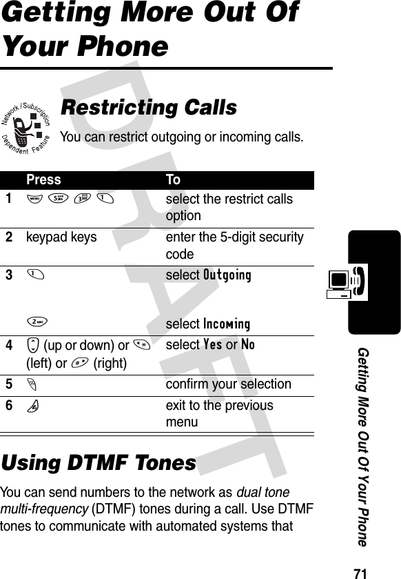 DRAFT 71Getting More Out Of Your PhoneGetting More Out Of Your PhoneRestricting CallsYou can restrict outgoing or incoming calls.Using DTMF TonesYou can send numbers to the network as dual tone multi-frequency (DTMF) tones during a call. Use DTMF tones to communicate with automated systems that Press To1M 5 3 1select the restrict calls option2keypad keys enter the 5-digit security code312select Outgoingselect Incoming4S (up or down) or * (left) or #(right)select Yes or No5-confirm your selection6Pexit to the previous menu