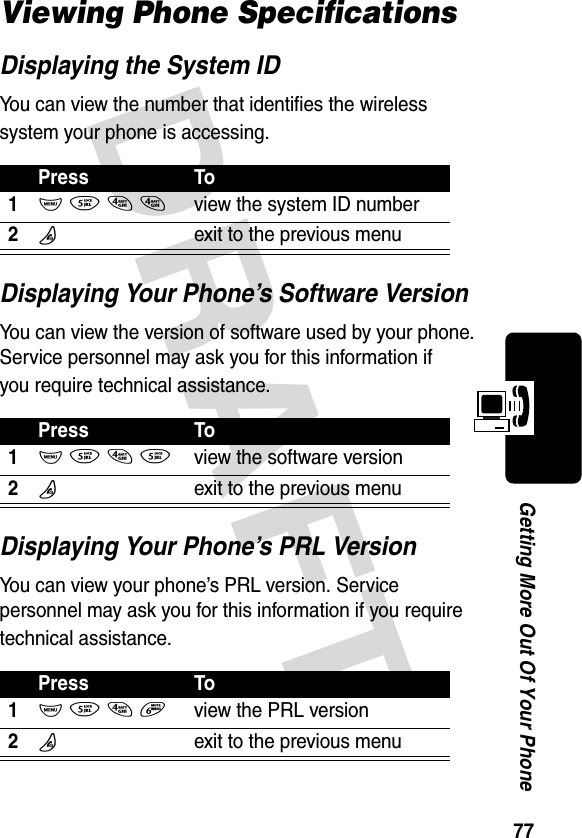 DRAFT 77Getting More Out Of Your PhoneViewing Phone SpecificationsDisplaying the System IDYou can view the number that identifies the wireless system your phone is accessing.Displaying Your Phone’s Software VersionYou can view the version of software used by your phone. Service personnel may ask you for this information if you require technical assistance.Displaying Your Phone’s PRL VersionYou can view your phone’s PRL version. Service personnel may ask you for this information if you require technical assistance.Press To1M 5 4 4view the system ID number2Pexit to the previous menuPress To1M 5 4 5view the software version2Pexit to the previous menuPress To1M 5 4 6view the PRL version2Pexit to the previous menu