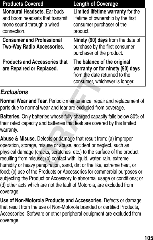 105DRAFTExclusionsNormal Wear and Tear. Periodic maintenance, repair and replacement of parts due to normal wear and tear are excluded from coverage.Batteries. Only batteries whose fully charged capacity falls below 80% of their rated capacity and batteries that leak are covered by this limited warranty.Abuse &amp; Misuse. Defects or damage that result from: (a) improper operation, storage, misuse or abuse, accident or neglect, such as physical damage (cracks, scratches, etc.) to the surface of the product resulting from misuse; (b) contact with liquid, water, rain, extreme humidity or heavy perspiration, sand, dirt or the like, extreme heat, or food; (c) use of the Products or Accessories for commercial purposes or subjecting the Product or Accessory to abnormal usage or conditions; or (d) other acts which are not the fault of Motorola, are excluded from coverage.Use of Non-Motorola Products and Accessories. Defects or damage that result from the use of Non-Motorola branded or certified Products, Accessories, Software or other peripheral equipment are excluded from coverage.Monaural Headsets. Ear buds and boom headsets that transmit mono sound through a wired connection.Limited lifetime warranty for the lifetime of ownership by the first consumer purchaser of the product.Consumer and Professional Two-Way Radio Accessories. Ninety (90) days from the date of purchase by the first consumer purchaser of the product.Products and Accessories that are Repaired or Replaced. The balance of the original warranty or for ninety (90) days from the date returned to the consumer, whichever is longer.Products Covered Length of Coverage