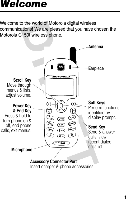 DRAFT 1WelcomeWelcome to the world of Motorola digital wireless communications! We are pleased that you have chosen the Motorola C150t wireless phone.031611oMicrophonePower Key&amp; End KeyPress &amp; hold toturn phone on &amp;off, end phonecalls, exit menus.AntennaSoft KeysPerform functions identified by display prompt.Send KeySend &amp; answer calls, view recent dialed calls list.EarpieceAccessory Connector PortInsert charger &amp; phone accessories.Scroll KeyMove throughmenus &amp; lists,adjust volume.